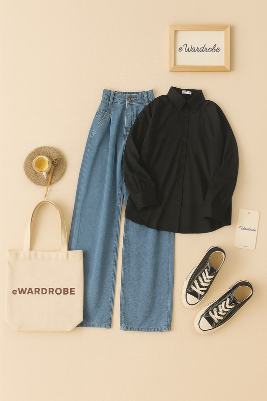 BLACK BUTTON DOWN SHIRT WITH MID BLUE WIDE LEG JEANS