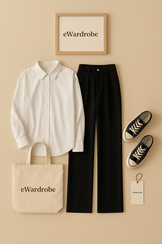 WHITE BUTTON DOWN SHIRT WITH BLACK WIDE LEG