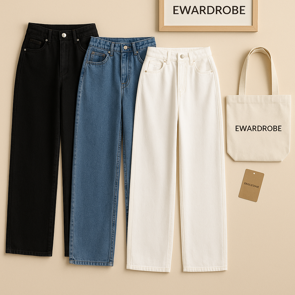 PACK OF 3 WIDE LEG JEANS ( BLACK WHITE AND MID BLUE )