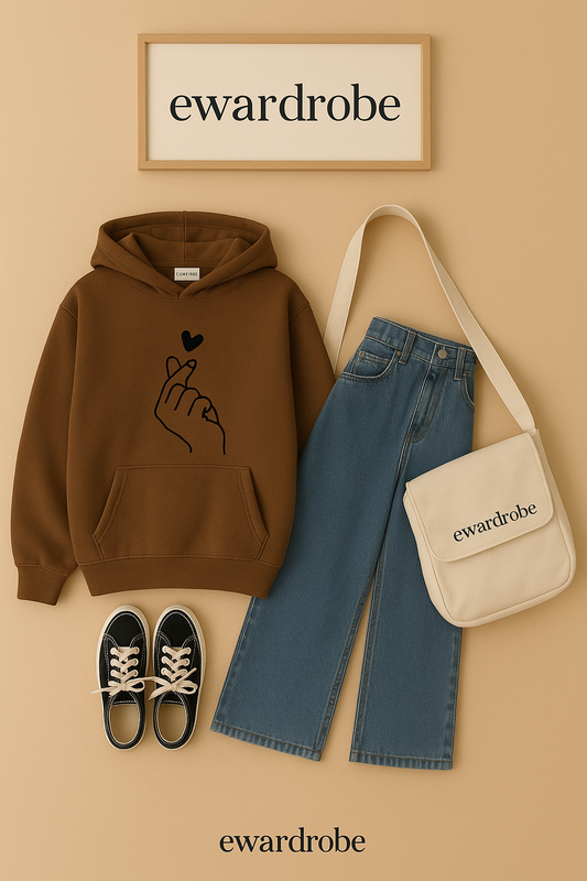 BROWN HOODIE LOVE CHARM WITH SKY BLUE WIDE LEG JEANS