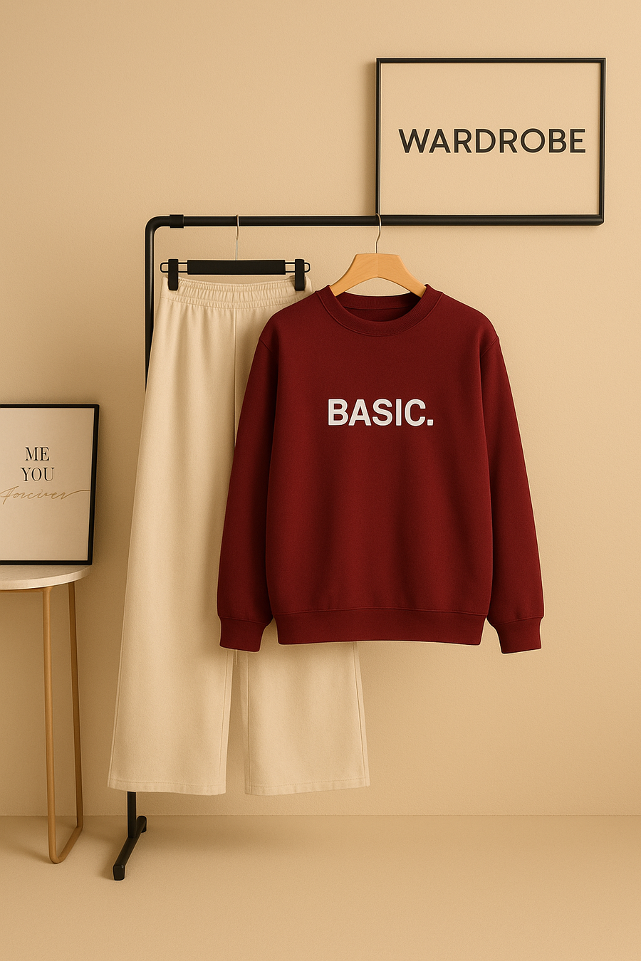 Basic Print Maroon Sweatshirt With Beige Flapper