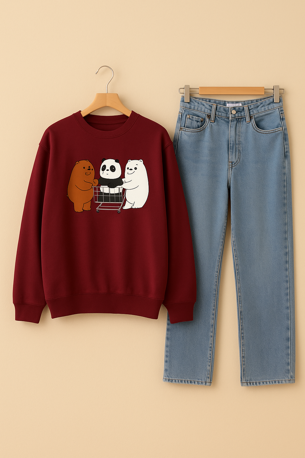SHOPPING BEAR MAROON SWEATSHIRT WITH SKY BLUE MOM JEANS