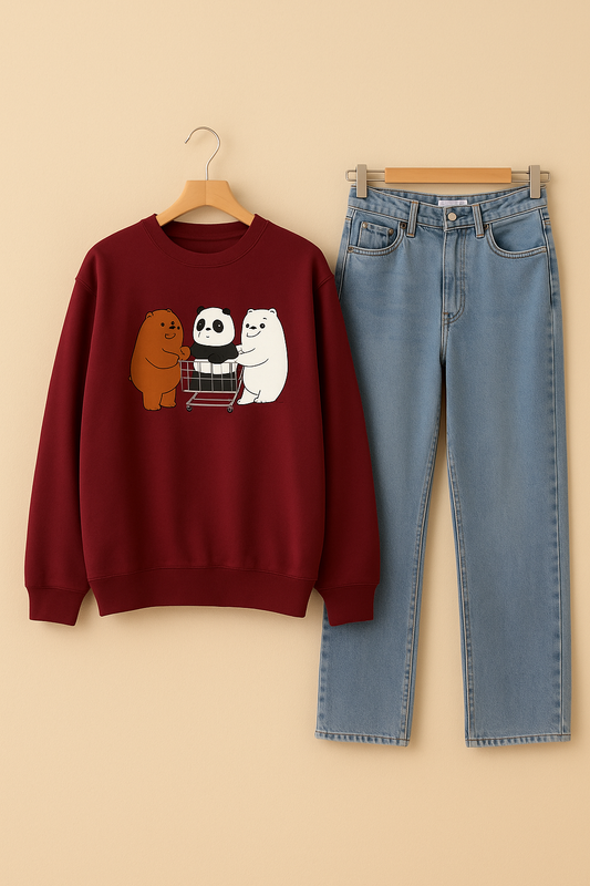 SHOPPING BEAR MAROON SWEATSHIRT WITH SKY BLUE MOM JEANS