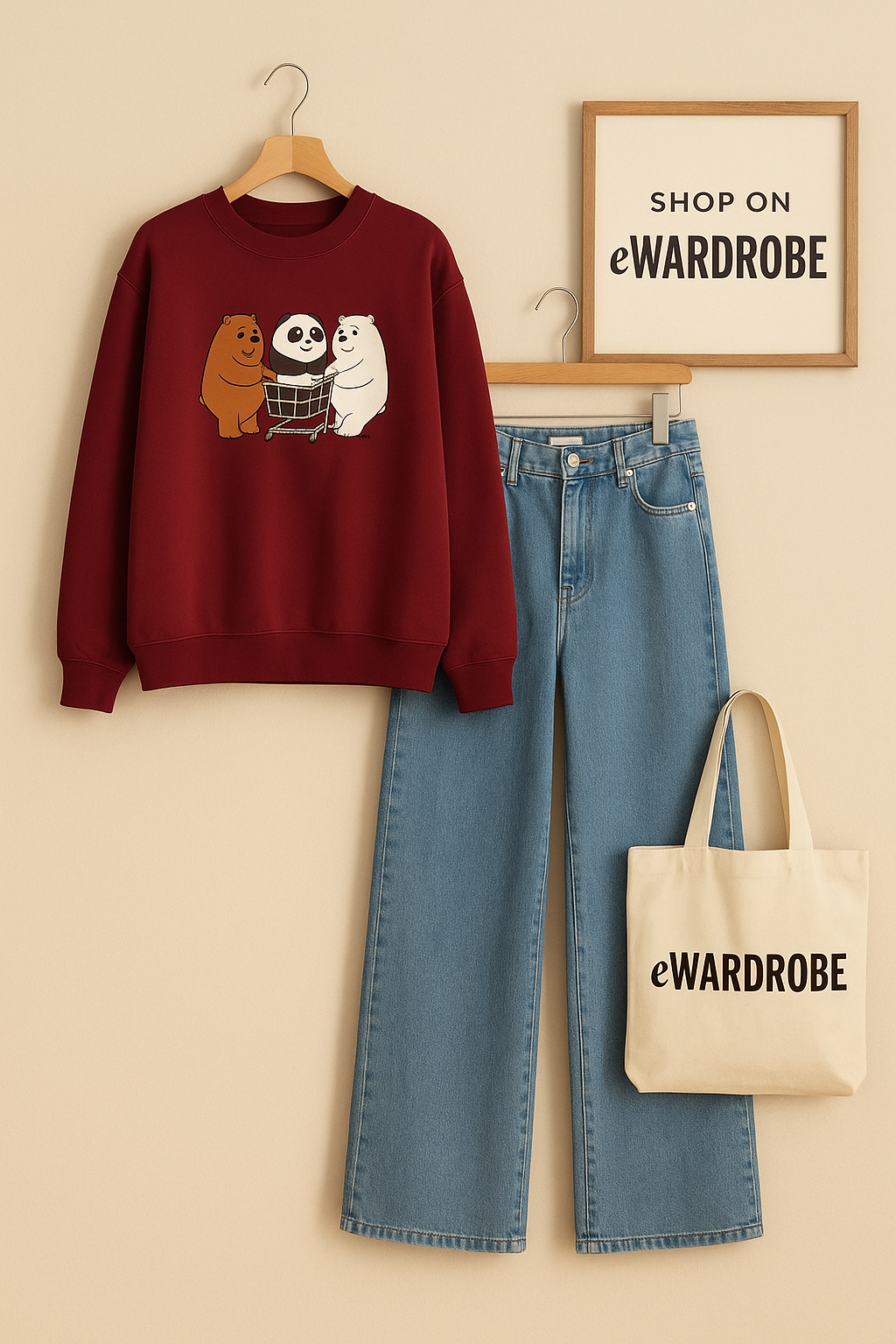 SHOPPING BEAR MAROON SWEATSHIRT WITH SKY BLUE WIDE LEG JEANS