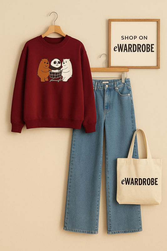 SHOPPING BEAR MAROON SWEATSHIRT WITH SKY BLUE WIDE LEG JEANS