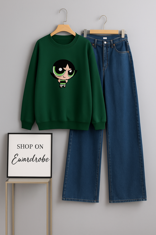 BOTTLE GREEN SWEATSHIRT GREEN BUTTERCUP WITH MID BLUE WIDE LEG