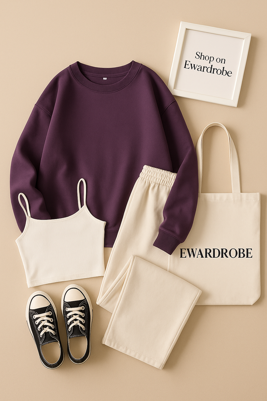 PURPLE SWEATSHIRT WITH BEIGE FLAPPER AND WHITE TANK TOP