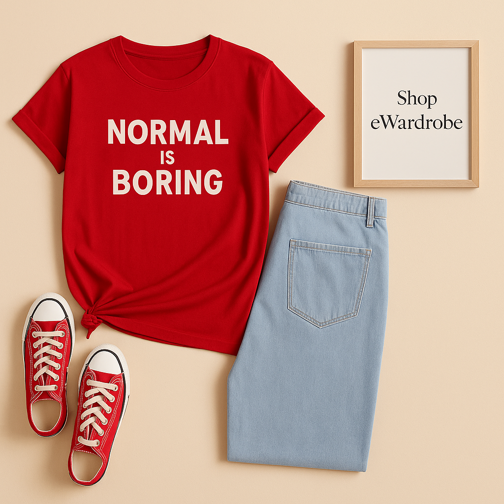 RED TSHIRT NORMAL IS BORING WITH ICE BLUE WIDE LEG