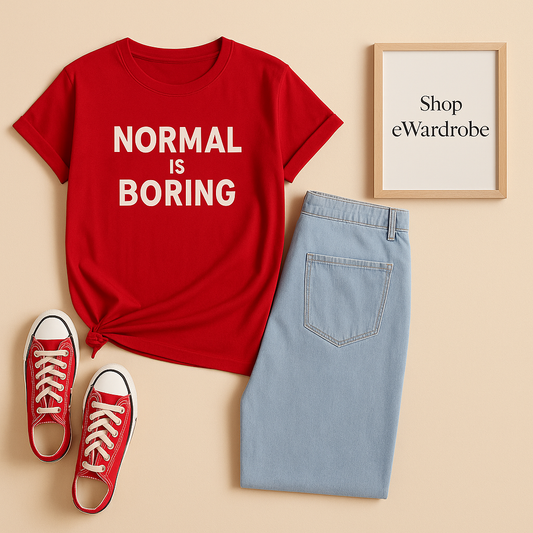 RED TSHIRT NORMAL IS BORING WITH ICE BLUE WIDE LEG