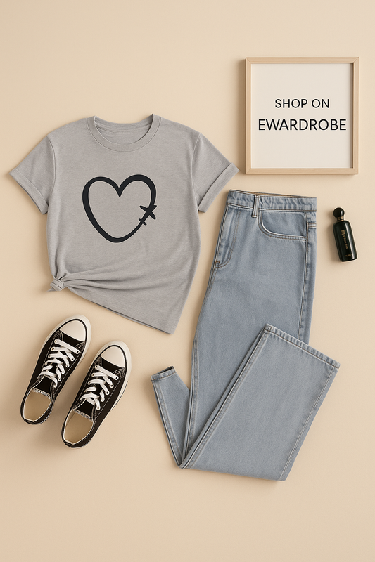 GREY TSHIRT PLANE HEART WITH ICE BLUE WIDE LEG JEANS