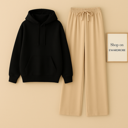 PLAIN BLACK HOODIE WITH BEIGE FLAPPER