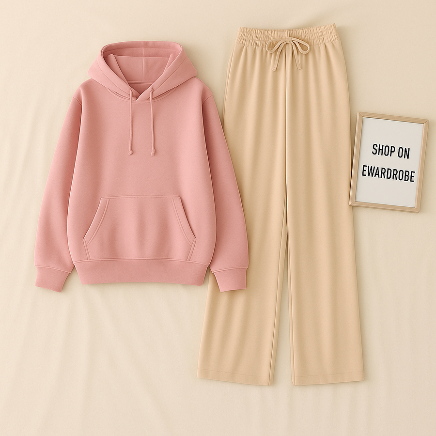 PLAIN PINK HOODIE WITH BEIGE FLAPPER