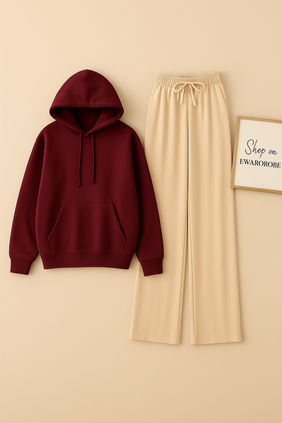 PLAIN MAROON HOODIE WITH BEIGE FLAPPER
