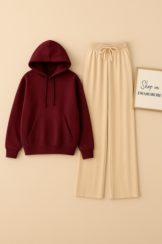 PLAIN MAROON HOODIE WITH BEIGE FLAPPER