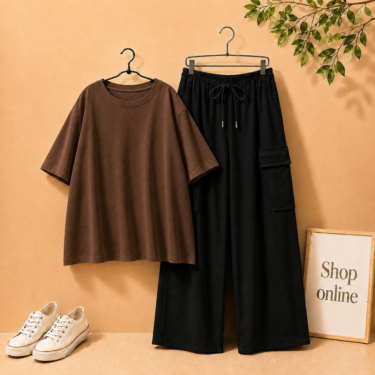 DARK BROWN DROP SHOULDER TSHIRT WITH BLACK CARGO TROUSER