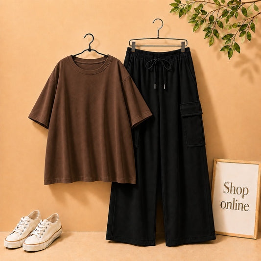 DARK BROWN DROP SHOULDER TSHIRT WITH BLACK CARGO TROUSER