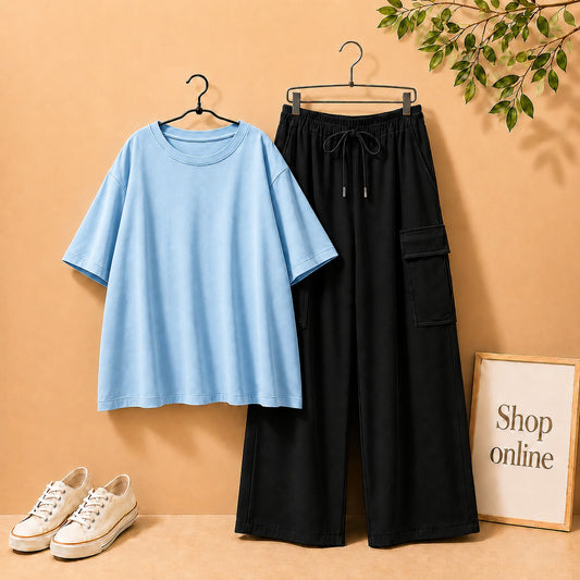 SKY BLUE DROP SHOULDER TSHIRT WITH BLACK CARGO TROUSER
