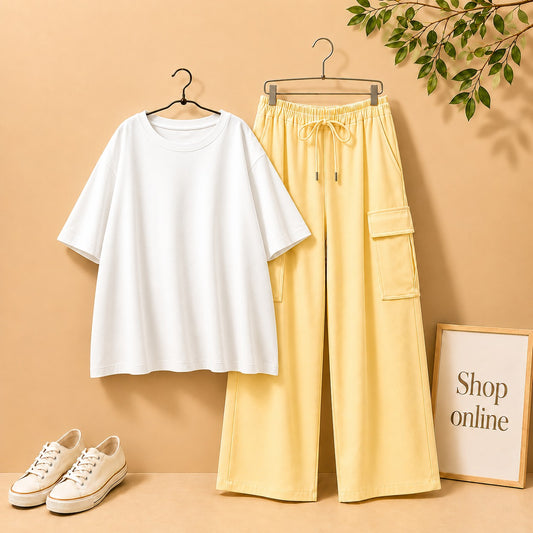 WHITE DROP SHOULDER TSHIRT WITH BEIGE CARGO TROUSER