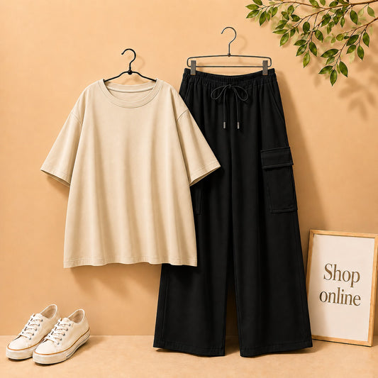 BEIGE DROP SHOULDER TSHIRT WITH BLACK CARGO TROUSER