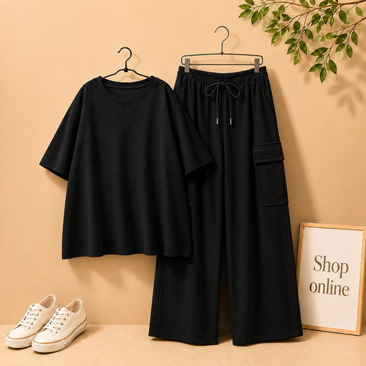 BLACK DROP SHOULDER TSHIRT WITH BLACK CARGO TROUSER