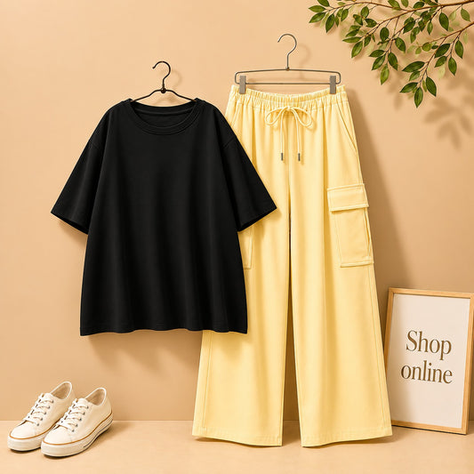 BLACK DROP SHOULDER TSHIRT WITH BEIGE CARGO TROUSER