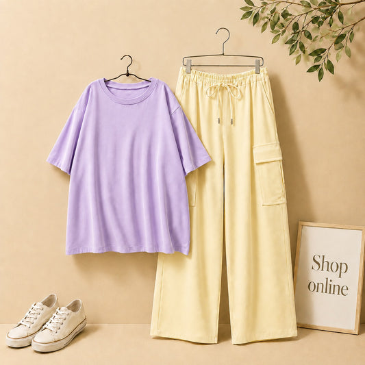 LILAC DROP SHOULDER TSHIRT WITH BEIGE CARGO TROUSER
