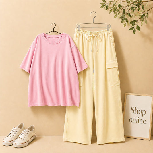 LIGHT PINK DROP SHOULDER TSHIRT WITH BEIGE CARGO TROUSER
