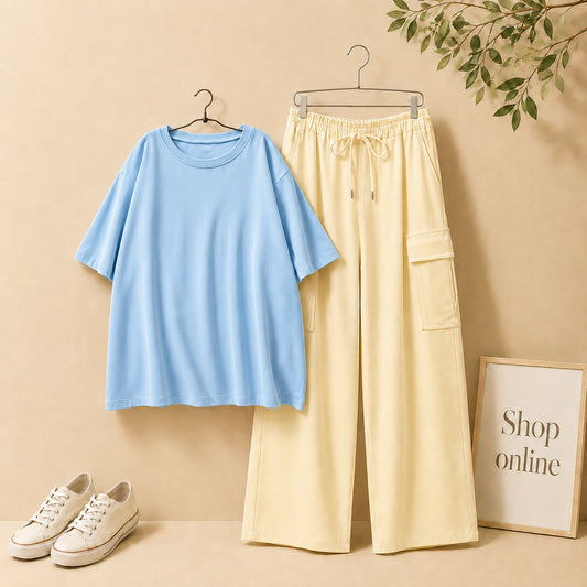 SKY BLUE DROP SHOULDER TSHIRT WITH BEIGE CARGO TROUSER