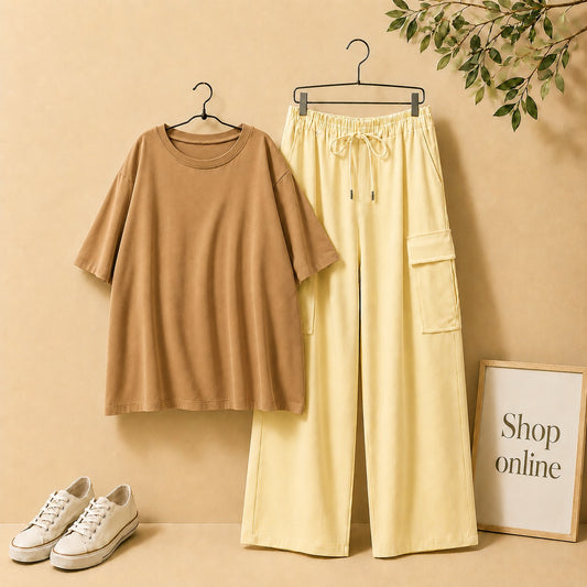 LIGHT BROWN DROP SHOULDER TSHIRT WITH BEIGE CARGO TROUSER