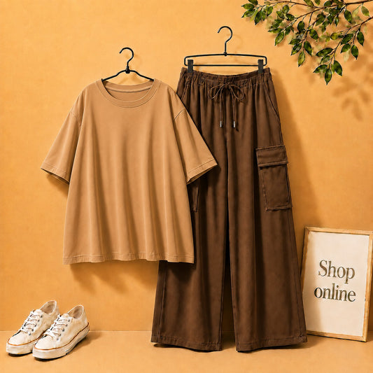 LIGHT BROWN DROP SHOULDER TSHIRT WITH BROWN CARGO TROUSER