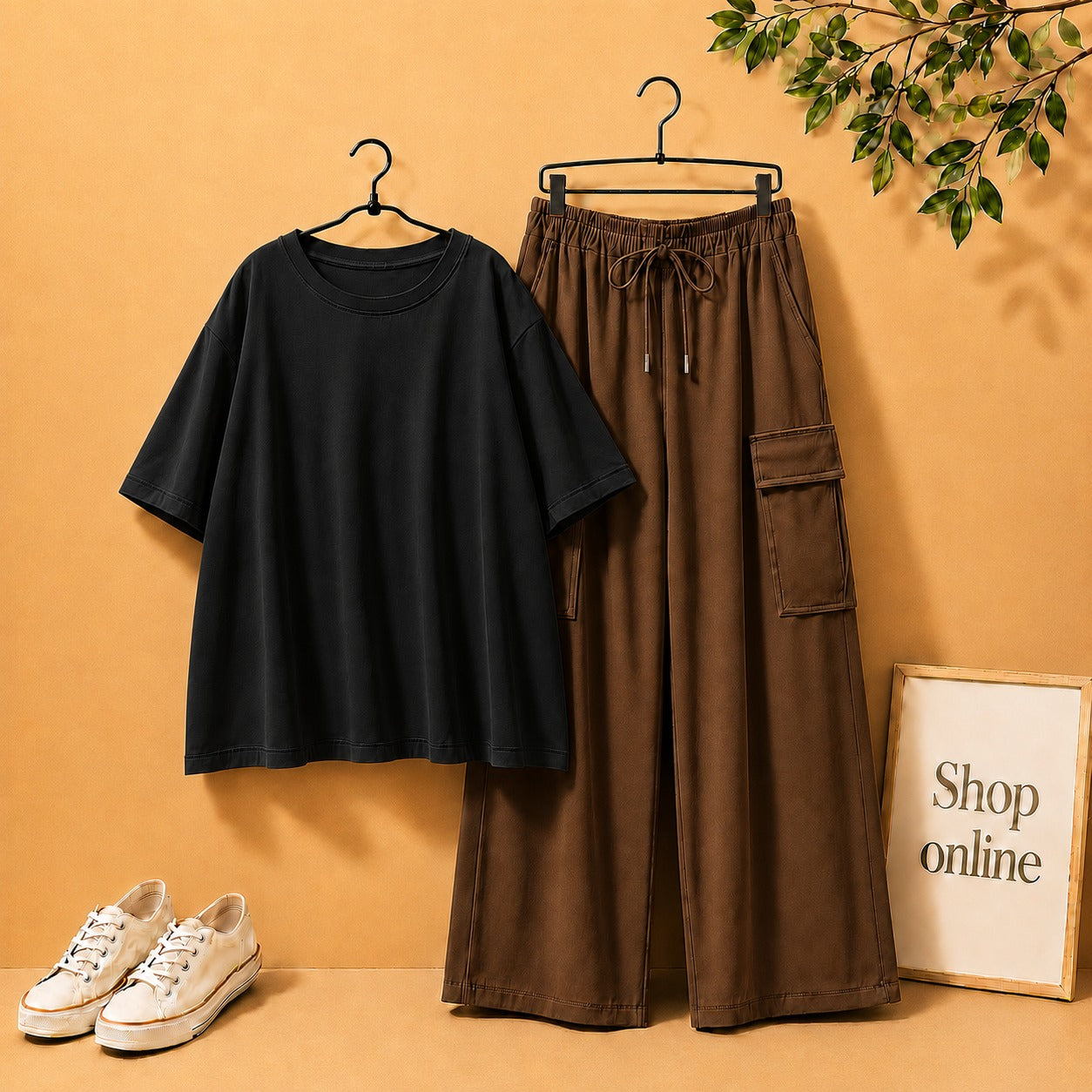BLACK DROP SHOULDER TSHIRT WITH BROWN CARGO TROUSER
