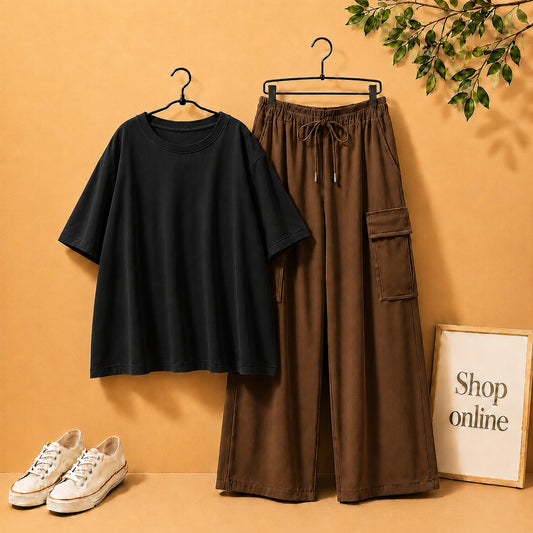 BLACK DROP SHOULDER TSHIRT WITH BROWN CARGO TROUSER