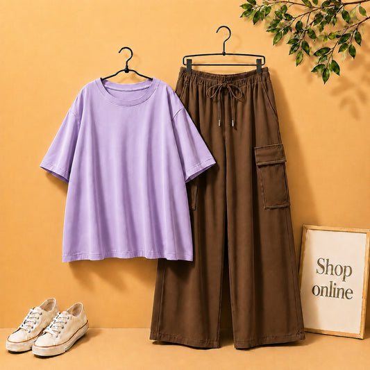 LILAC DROP SHOULDER TSHIRT WITH BROWN CARGO TROUSER