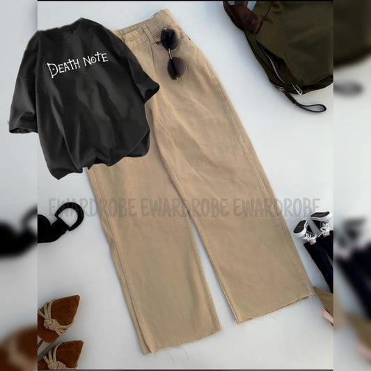 BLACK TSHIRT DEATH NOTE WITH BEIGE WIDE LEG JEANS