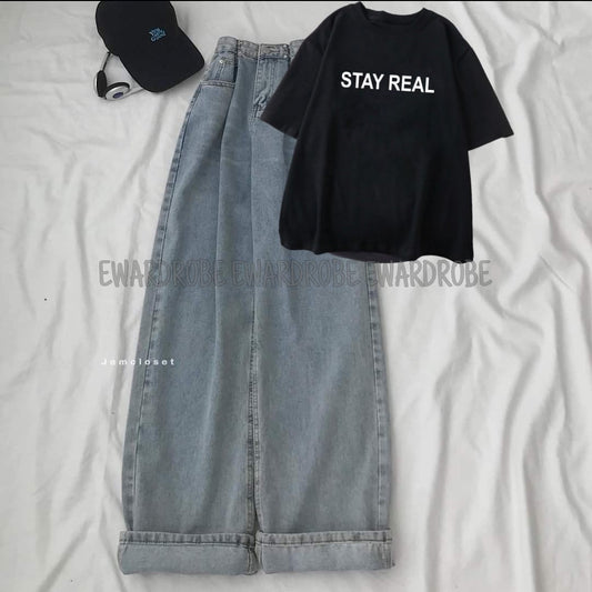 BLACK STAY REAL TSHIRT WITH ICE BLUE WIDE LEG JEANS