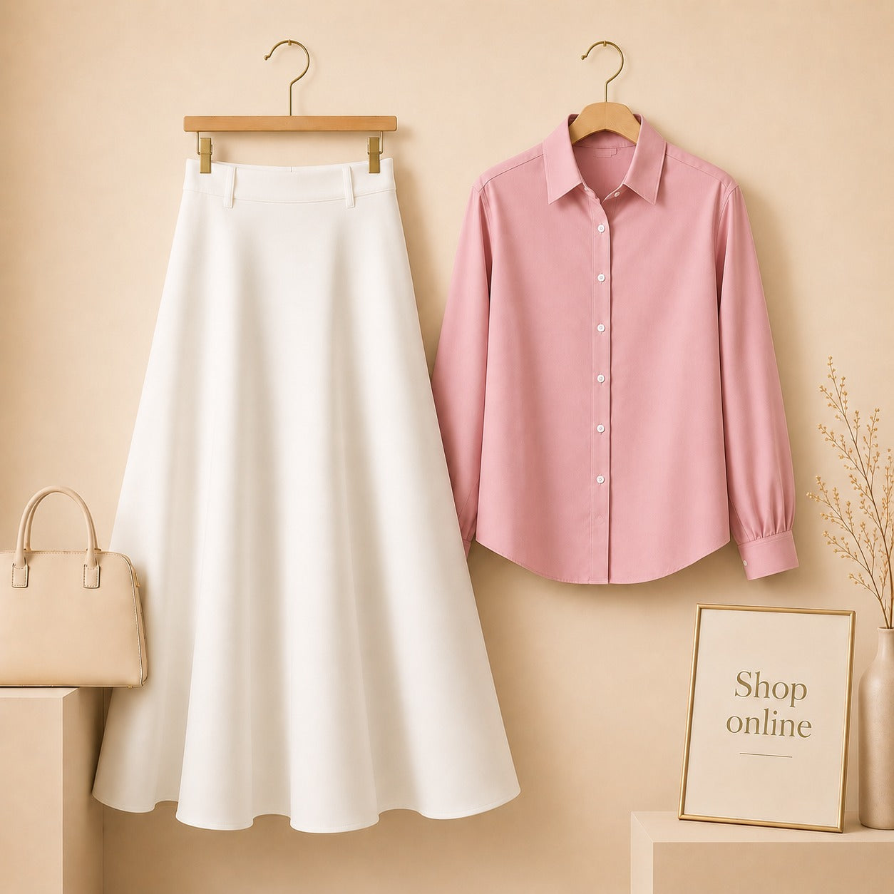 LIGHT PINK BUTTON DOWN WITH WHITE TWILL LONG SKIRT