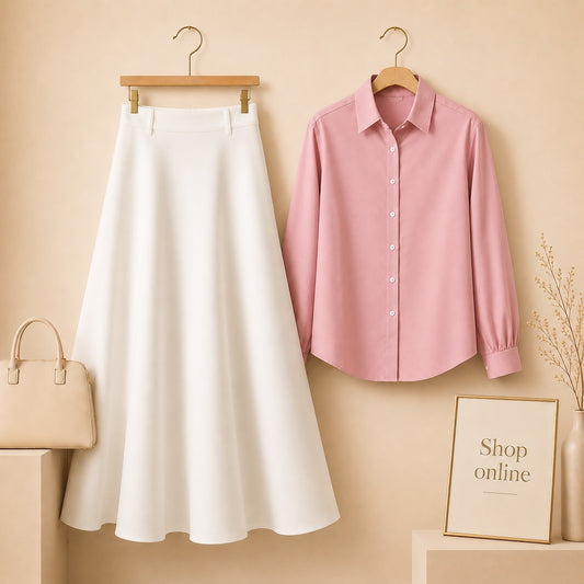 LIGHT PINK BUTTON DOWN WITH WHITE TWILL LONG SKIRT