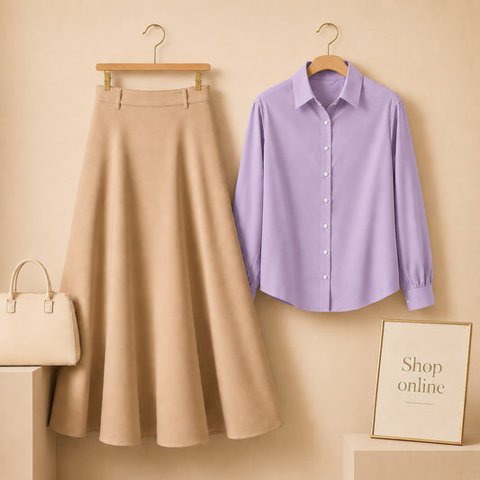 LILAC BUTTON DOWN WITH BEIGE TWILL LONG SKIRT