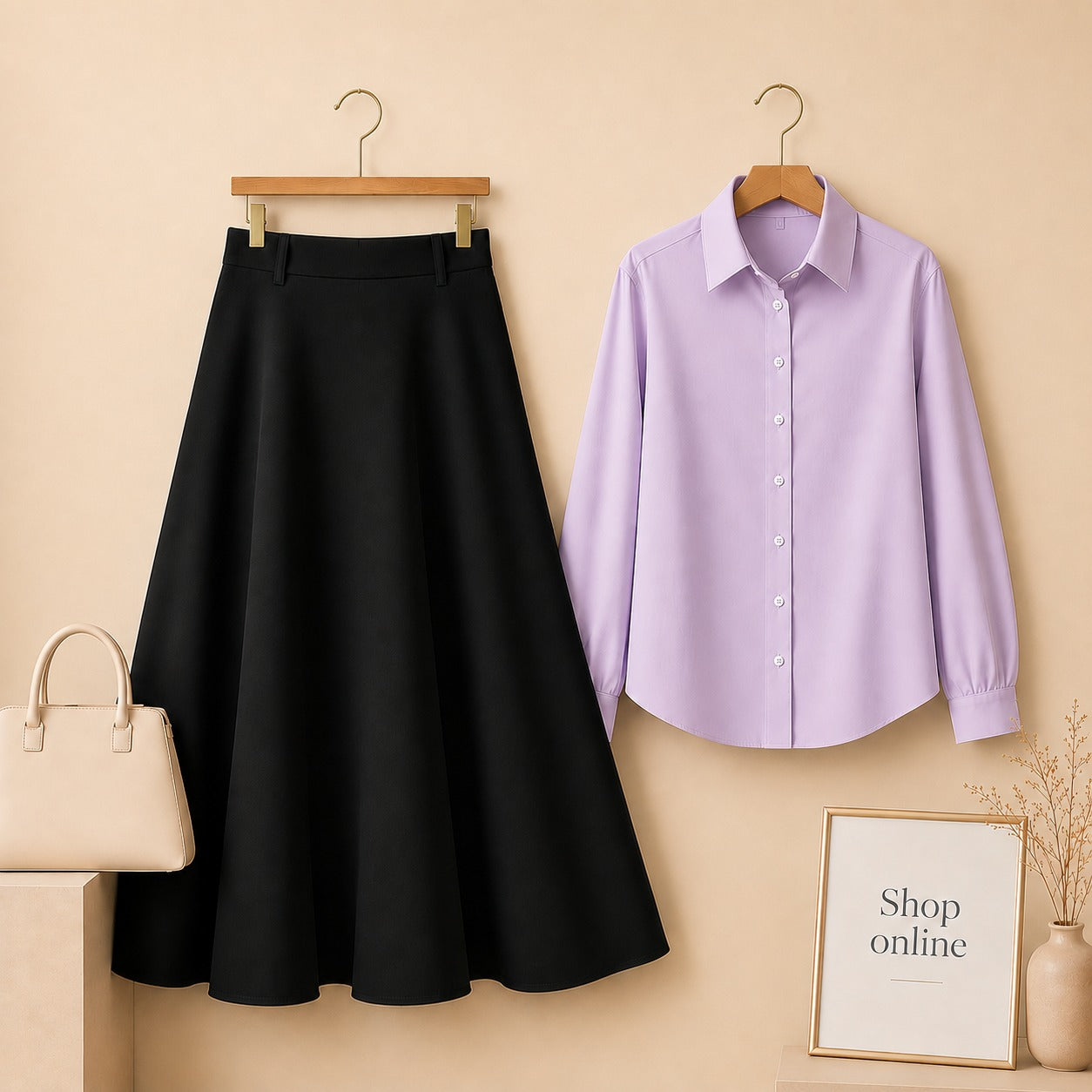 LILAC BUTTON DOWN WITH BLACK TWILL LONG SKIRT