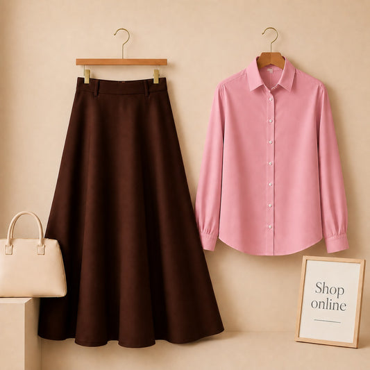 LIGHT PINK BUTTON DOWN WITH BROWN TWILL LONG SKIRT