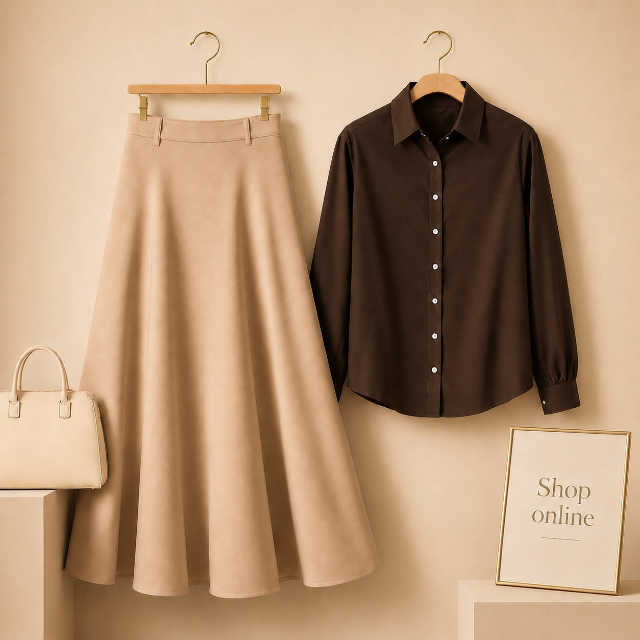 BROWN BUTTON DOWN WITH BEIGE TWILL LONG SKIRT