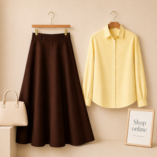 YELLOW BUTTON DOWN WITH BROWN TWILL LONG SKIRT