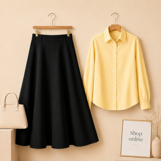 YELLOW BUTTON DOWN WITH BLACK TWILL LONG SKIRT