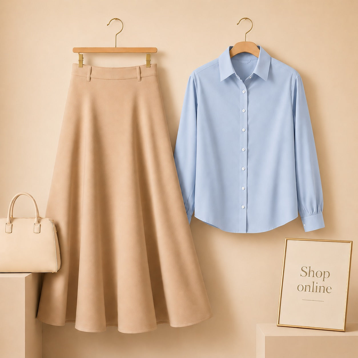 SKY BLUE BUTTON DOWN WITH BEIGE TWILL LONG SKIRT