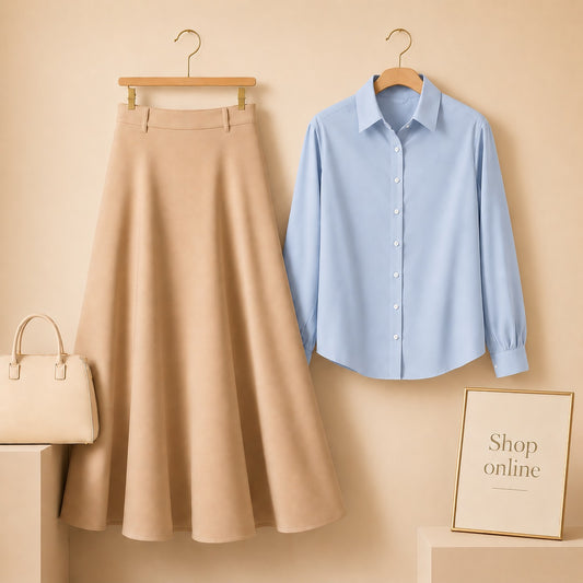 SKY BLUE BUTTON DOWN WITH BEIGE TWILL LONG SKIRT