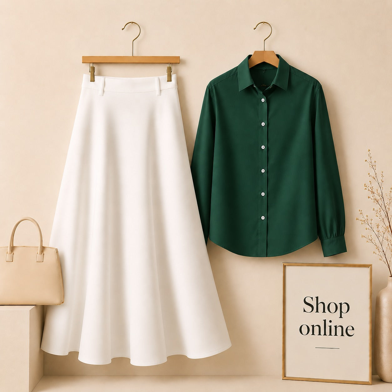 DARK GREEN BUTTON DOWN WITH WHITE TWILL LONG SKIRT