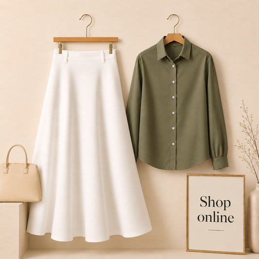 OLIVE GREEN BUTTON DOWN WITH WHITE TWILL LONG SKIRT