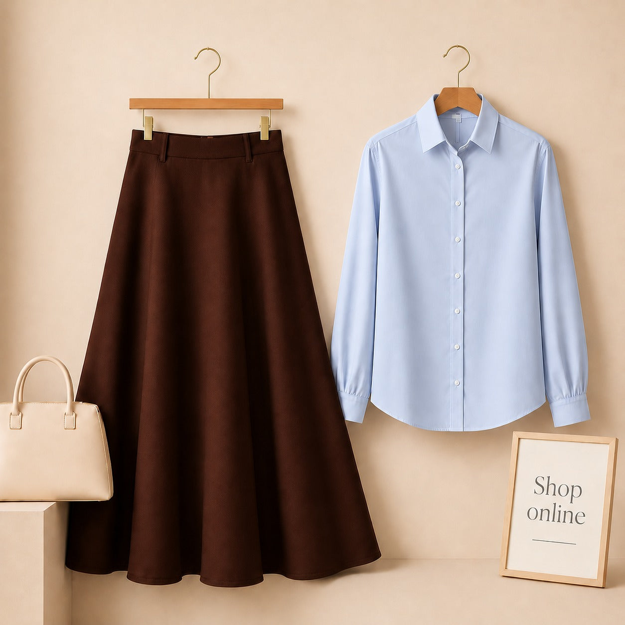 SKY BLUE BUTTON DOWN WITH BROWN TWILL LONG SKIRT