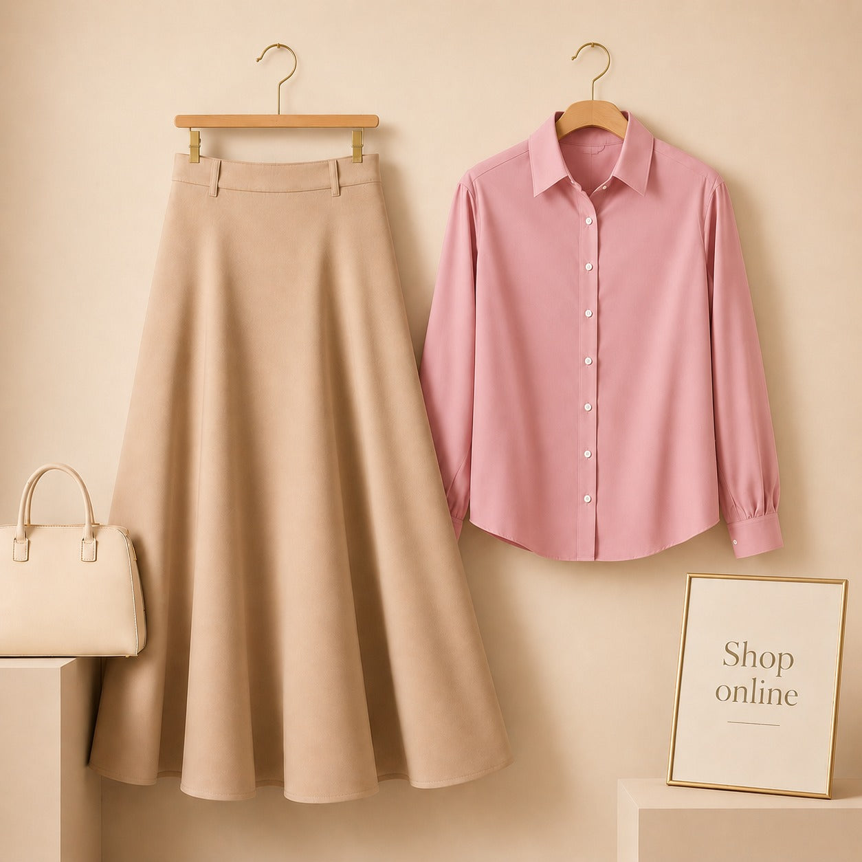 LIGHT PINK BUTTON DOWN WITH BEIGE TWILL LONG SKIRT