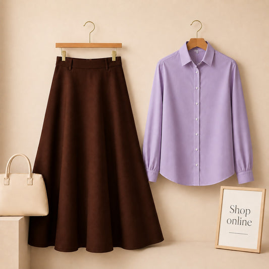 LILAC BUTTON DOWN WITH BROWN TWILL LONG SKIRT